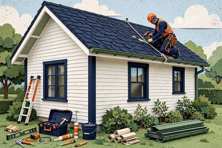 Illustration of a contractor repairing a roof and gutters